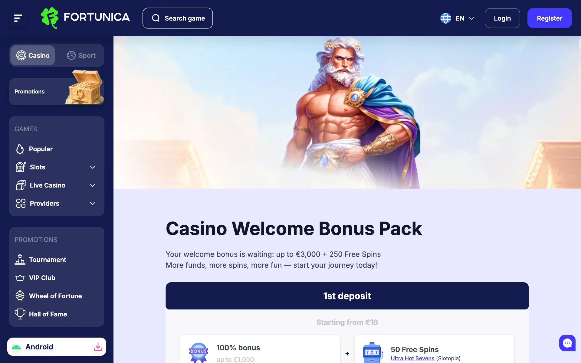 Fortunica Casino welcome pack page with the first-deposit match and free spins