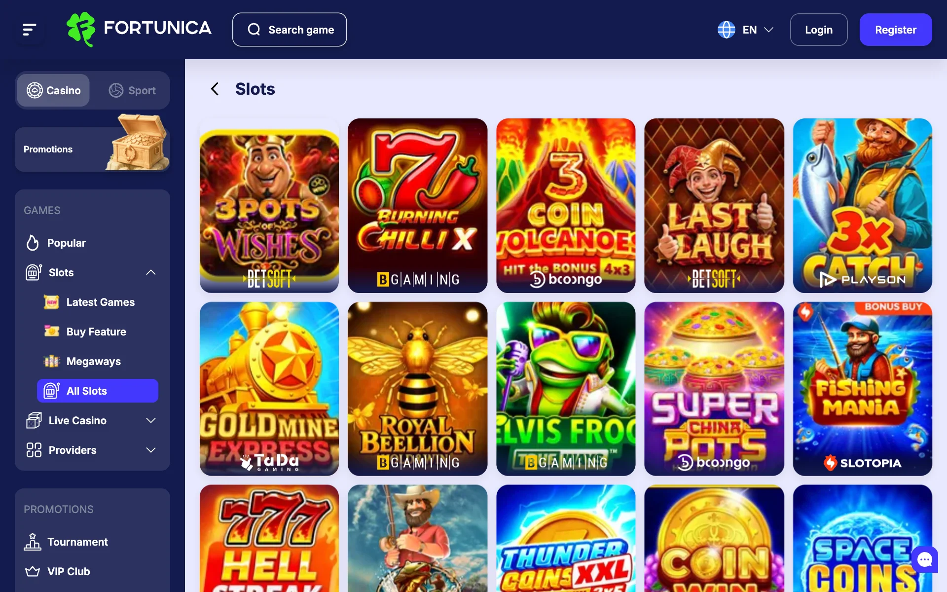Fortunica Casino slots lobby with a full grid of game tiles and the side menu