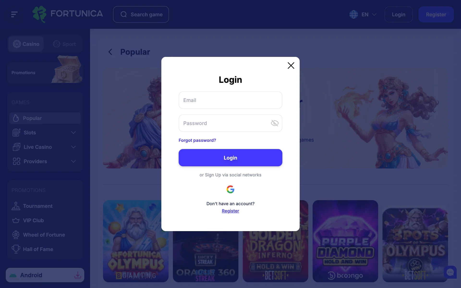 Fortunica Casino login window with e-mail and password fields